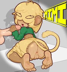 1boy 1girl animal_ears anus ass barefoot blonde_hair bottomless calamity33 character_name cleft_of_venus crop_top feet from_behind full_body furry furry_female green_shirt hair_over_eyes handjob long_sleeves looking_back monkey_ears monkey_girl monkey_tail open_mouth original penis pussy shirt short_hair sitting smile soles solo_focus sweat tail thick_thighs thighs toes uncensored veins veiny_penis wariza