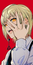 1girl black_dress blonde_hair chainsaw_man collared_shirt dress earrings fami_(chainsaw_man) fourth_east_high_school_uniform hand_on_own_face hand_up highres jewelry kiunchiku looking_at_viewer mole mole_under_eye mole_under_mouth open_mouth pinafore_dress red_background ringed_eyes school_uniform shirt short_hair simple_background sleeveless sleeveless_dress solo teeth upper_teeth_only white_shirt yellow_eyes