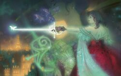 Rule 34 | 1girl, backless dress, backless outfit, black hair, bug, butterfly, city lights, cityscape, commentary, dress, eiffel tower, english commentary, glowing, hand up, highres, holding, holding weapon, insect, jewelry, night, night sky, original, outdoors, paris, profile, scenery, sky, solo, standing, star (sky), sword, twintails, vinsenta, weapon