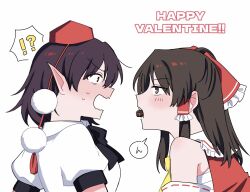 !? 2girls ascot black_bow black_bowtie blush bow bowtie breasts brown_eyes brown_hair chest_sarashi chocolate collared_shirt commentary detached_sleeves english_text eye_contact food_in_mouth frilled_bow frilled_hair_tubes frills hair_bow hair_tubes hakurei_reimu happy_valentine hat highres incoming_kiss long_hair looking_at_another multiple_girls open_mouth pom_pom_(clothes) puffy_short_sleeves puffy_sleeves red_bow red_hat ribbon-trimmed_sleeves ribbon_trim sakic43899 sarashi shameimaru_aya shirt short_sleeves simple_background speech_bubble sweat tokin_hat touhou translation_request valentine white_background white_shirt yellow_ascot yuri