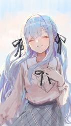 Rule 34 | 1girl, absurdres, bang dream!, bang dream! it&#039;s mygo!!!!!, black bow, black bowtie, black ribbon, bow, bowtie, closed eyes, closed mouth, collared shirt, crying, hair ribbon, hand on own chest, hand up, highres, long sleeves, nepperoni, plaid clothes, plaid skirt, purple skirt, ribbon, shirt, skirt, smile, solo, streaming tears, tears, togawa sakiko, white shirt