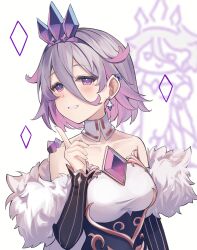 1girl absurdres blush breasts chest_jewel colored_inner_hair doodle_background dress earrings gem grey_hair highres hololive hololive_english index_finger_raised jewelry looking_at_viewer material_growth medium_breasts momseki_(koseki_bijou) multicolored_hair pink_hair purple_eyes purple_gemstone ricke_2002 short_hair smile tiara virtual_youtuber white_background white_dress