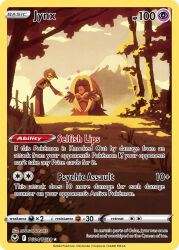 1boy 1girl artist_name card_(medium) character_name closed_eyes cloud company_name copyright_name copyright_notice dress english_text fence grass heart hyogonosuke lips long_hair long_sleeves mask mountain nintendo official_art open_mouth outdoors pants pokemon pokemon_(creature) pokemon_card pokemon_hgss pokemon_tcg puckered_lips short_hair sky smile standing third-party_source trading_card tree u_u will_(pokemon)