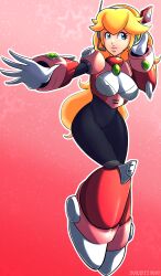 Rule 34 | 1girl, absurdres, alia (mega man), android, armor, armored boots, artist name, axasempai, black bodysuit, blonde hair, blue eyes, bodysuit, boots, breast cutout, breastplate, breasts, chest jewel, commentary, english commentary, full body, gloves, gradient background, hand on headphones, hand on headset, hand up, headphones, headset, highres, joints, knee boots, knee pads, large breasts, long hair, looking to the side, mario (series), mechanical boots, mega man (series), mega man x (series), nintendo, pink armor, pink background, pink lips, plate armor, princess peach, radio antenna, robot joints, shoes, shoulder armor, sidelocks, solo, star (symbol), star symbol background, underbust, white gloves, white shoes