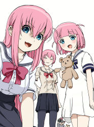1boy 3girls blue_eyes bocchi_the_rock! chestnut_mouth dog dress gotoh_futari gotoh_michiyo gotoh_naoki hair_between_eyes jimihen long_hair looking_at_viewer minami-ke multiple_girls parody pink_hair red_dress red_ribbon ribbon school_uniform shiba_inu short_hair siblings side_ahoge simple_background sisters stuffed_animal stuffed_toy teddy_bear torako778 torako_(toramaru) video_camera white_background