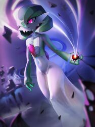 1girl black_hole bob_cut closed_mouth collarbone colored_skin covered_navel destruction dutch_angle female_focus flat_chest gardevoir gen_3_pokemon green_hair green_skin hair_over_one_eye half-closed_eyes looking_afar multicolored_skin nintendo noconcession one_eye_covered pink_eyes pokemon pokemon_(creature) ribs short_hair solo standing two-tone_skin walking white_skin