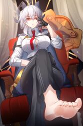 Rule 34 | 1girl, absurdres, ahoge, anzusouda, arm pouch, armband, barefoot, black armband, black gloves, black horns, black pants, breasts, button gap, chest harness, closed mouth, collared shirt, commentary, crossed legs, curled horns, earrings, feet, gloves, hair between eyes, hand up, harness, high-waist pants, highres, horns, jewelry, key earrings, large breasts, long hair, looking at viewer, mole, mole under eye, multicolored hair, necktie, pants, partially shaded face, red eyes, red necktie, shirt, shirt tucked in, sitting, soles, solo, streaked hair, tight clothes, tight pants, toes, white hair, white shirt, wuthering waves, zani (wuthering waves)