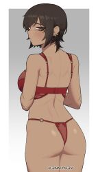 1girl artist_name ass back border bra breasts brown_hair dark-skinned_female dark_skin ear_piercing earrings from_behind gradient_background grey_background half-closed_eye highres jewelry k3nnyn3v large_breasts limbus_company looking_back mature_female multiple_earrings multiple_scars outis_(project_moon) outside_border panties piercing project_moon red_bra red_panties scar scar_on_arm short_hair solo underwear underwear_only white_border