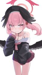 1girl absurdres beret black_hat black_shirt black_wings blue_archive blush closed_mouth commentary_request cowboy_shot feathered_wings halo hand_up hat head_wings highres koharu_(blue_archive) long_sleeves looking_to_the_side low_twintails miniskirt neckerchief pink_eyes pink_hair pink_halo pink_neckerchief pink_skirt rihitonn school_uniform shirt simple_background skirt sleeves_past_fingers sleeves_past_wrists solo twintails white_background wings