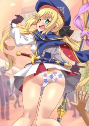 1boy 1girl artoria_caster_(fate) artoria_caster_(second_ascension)_(fate) artoria_pendragon_(fate) ass bare_legs blue_capelet blue_flower blue_hat blush bright_pupils butt_crack capelet clothes_lift crotch_seam dress dress_lift fate/grand_order fate_(series) floral_print floral_print_panties flower flustered from_behind gloves green_eyes hat highres holding holding_staff long_hair long_sleeves looking_back open_mouth panties pleated_dress pov pov_hands print_panties red_flower shimouki_izui skirt skirt_flip staff staff_of_selection_(fate) sword trefoil underwear w_arms weapon white_dress white_panties white_pupils yellow_flower
