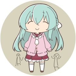 1girl 2others ^_^ aqua_hair arms_at_sides assault_lily bow brown_background brown_cardigan brown_shoes buttons cardigan chibi closed_eyes closed_mouth commentary_request facing_viewer frilled_skirt frills full_body hair_between_eyes hair_bow half_updo kanba_girls_high_school_uniform long_hair long_sleeves lowres masaki_itsuki miniskirt multiple_others necktie partially_unbuttoned red_sailor_collar red_skirt round_image sailor_collar school_uniform shoes short_necktie simple_background skirt sleeves_past_wrists smile standing stick_figure thighhighs toki_kureha transparent_background white_bow white_necktie white_thighhighs