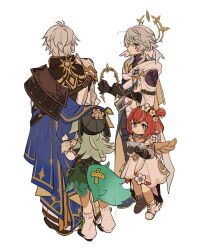2boys 2girls antenna_hair armor asymmetrical_footwear back black_boots black_gloves black_hairband black_hat black_pants black_shoes blue_cape blue_eyes blue_jacket boots brown_gloves cape child chinese_clothes closed_mouth crown dress earrings envelope flower flower-shaped_pupils flower_ornament full_body gloves gold_earrings gold_ring green_dress green_hair green_ribbon grey_hair hair_between_eyes hair_flower hair_ornament hairband halo halo_behind_head hands_up hat hat_ornament highres holding holding_crown holding_envelope honkai:_star_rail honkai_(series) huohuo_(honkai:_star_rail) iwashi_(iwashi008) jacket jewelry long_hair long_sleeves looking_at_another looking_at_viewer loose_socks mismatched_footwear multicolored_jacket multiple_boys multiple_girls one_side_up pants phainon_(honkai:_star_rail) pointy_ears puffy_long_sleeves puffy_sleeves purple_shirt red_hair ribbon shirt shoes short_hair shoulder_armor sidelocks simple_background smile socks standing sun_symbol sunday_(honkai:_star_rail) symbol-shaped_pupils thigh_strap tribbie_(honkai:_star_rail) two-sided_cape two-sided_fabric two-tone_jacket white_background white_boots white_dress white_flower white_jacket white_shirt white_socks wings yellow_cape yellow_eyes zhuang_hat