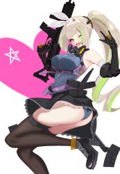 1girl absurdres aqua_eyes ass assault_rifle black_gloves black_skirt black_thighhighs blonde_hair blue_panties boots breasts commentary girls&#039;_frontline girls&#039;_frontline_2:_exilium gloves green_hair gun hairband heart high_heel_boots high_heels highres holding holding_gun holding_weapon long_hair looking_at_viewer multicolored_hair ohc. one_eye_closed open_mouth panties rifle robinson_armaments_xcr sharkry_(girls&#039;_frontline_2) side_ponytail simple_background skirt smile solo star-shaped_pupils star_(symbol) streaked_hair symbol-only_commentary symbol-shaped_pupils thighhighs thighs trigger_discipline two-tone_gloves two-tone_hair underwear w weapon white_background white_hairband yellow_gloves