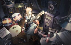 1girl absurdres amplifier bang_dream! bang_dream!_it&#039;s_mygo!!!!! bass_guitar blue_dress blue_eyes brown_hair cable can ceiling_light closed_mouth commentary cymbals dress drum drum_set english_commentary esp_guitars expressionless flower highres holding holding_bass_guitar holding_instrument instrument light_particles loftcat long_hair looking_at_viewer nagasaki_soyo pearl_drums pink_flower sitting solo speaker stool two-tone_dress white_dress