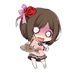 Rule 34 | 1girl, black bow, black bowtie, black skirt, blunt ends, bob cut, bow, bowtie, brown hair, chibi, chopsticks, collared shirt, commentary request, fang, fish, flower, green eyes, hair bow, hair flower, hair ornament, holding, holding chopsticks, holding with chopsticks, idolmaster, idolmaster cinderella girls, long sleeves, lowres, maekawa miku, miniskirt, no shoes, open mouth, pink bow, pink shirt, pleated skirt, red flower, red rose, rose, scared, shirt, simple background, skirt, sleeves past wrists, solo, standing, striped bow, striped bowtie, striped clothes, striped shirt, thighhighs, turn pale, usoneko, vertical-striped clothes, vertical-striped shirt, wavy eyebrows, wavy mouth, white background, white sleeve cuffs, white thighhighs, wide-eyed, zettai ryouiki