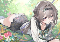 1girl aqua_bow aqua_bowtie ass black_sailor_collar blush bow bowtie closed_mouth commentary_request crossed_bangs firefly_(honkai:_star_rail) firefly_(spring_missive)_(honkai:_star_rail) grey_hair grey_skirt hair_between_eyes hair_intakes highres honkai:_star_rail honkai_(series) kurotsuki_machi long_hair looking_at_viewer lying miniskirt official_alternate_costume on_stomach outdoors panties plaid_clothes plaid_skirt pleated_skirt purple_eyes sailor_collar school_uniform serafuku shirt skirt smile solo thighhighs underwear white_panties white_shirt white_thighhighs