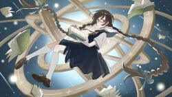1girl absurdly_long_hair aqua_bow argyle_neckerchief armillary_sphere black_dress black_sailor_collar book bow braided_twintails breasts brown_bow brown_hair brown_neckerchief brown_shoes closed_mouth commentary_request dot_mouth dress floating floating_hair floating_object footwear_bow full_body glasses grey_eyes hair_bow highres holding holding_book kneehighs large_breasts loafers long_hair looking_at_viewer medium_dress neckerchief open_book original pinafore_dress pleated_dress sailor_collar semi-rimless_eyewear shirt shoes short_sleeves sidelocks sideways_glance sleeveless sleeveless_dress socks solo space star_(sky) tsukimoritsuki turning_page under-rim_eyewear very_long_hair white_shirt white_socks wispy_bangs yellow-framed_eyewear