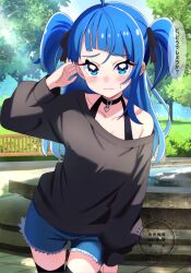 1girl ahoge alternate_hairstyle asymmetrical_clothes blue_eyes blue_hair blue_shorts blush casual commentary embarrassed eyelashes half_updo highres hirogaru_sky!_precure long_hair looking_at_viewer momotarouooi precure short_twintails shorts solo sora_harewataru standing twintails