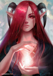 demon_horns ear_piercing elf eyebrow_piercing fantasy highres horn_ornament horn_ring horns long_hair looking_at_viewer magic nixri nose_piercing original piercing pointy_ears portrait red_eyes red_hair red_nails
