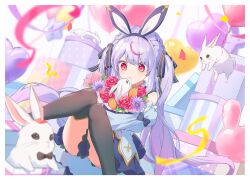 1girl animal_ear_hairband animal_ears balloon black_thighhighs bouquet box braid confetti detached_sleeves dress fake_animal_ears flower gift gift_box gradient_hair hair_ribbon hairband heart_balloon highres holding holding_bouquet knees_up multicolored_hair okishiro parted_bangs purple_hair rabbit rabbit_ears red_eyes ribbon single_hair_streak sitting sleeveless sleeveless_dress solo streaked_hair thick_eyebrows thighhighs tosaki_mimi tosaki_mimi_(2nd_costume) twintails virtual_youtuber vspo!
