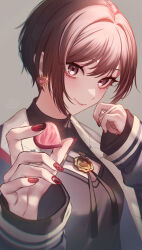 Rule 34 | 1girl, absurdres, black jacket, black shirt, bob cut, breasts, brown eyes, brown hair, candy, chocolate, chocolate heart, cleavage, cleavage cutout, closed mouth, clothing cutout, commentary request, earrings, eyelashes, food, grey background, hair between eyes, hands up, head tilt, heart, heart-shaped food, heart earrings, highres, holding, holding chocolate, holding food, incoming food, inverted bob, jacket, jewelry, lips, long sleeves, looking at viewer, nail polish, nhrg806, open clothes, open jacket, project sekai, puffy long sleeves, puffy sleeves, red nails, shinonome ena, shirt, short hair, simple background, sleeves past wrists, small breasts, smile, sparkle, turtleneck, turtleneck shirt, upper body
