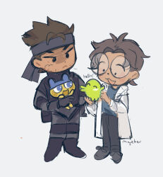 2boys blue_shirt bodysuit brown_hair chibi chibi_only crossover english_text glasses hal_emmerich headband highres male_focus metal_gear_(series) metal_gear_solid miyabau multiple_boys open_mouth round_eyewear shirt short_hair signature solid_snake sparse_stubble tamagotchi white_background