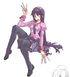Rule 34 | 2girls, bakemonogatari, between fingers, black footwear, black thighhighs, blue necktie, blue skirt, boxcutter, breasts, collarbone, collared shirt, commentary, hand up, holding, invisible chair, juliet sleeves, legs, letro, long hair, long sleeves, looking at viewer, medium breasts, monogatari (series), multiple girls, necktie, one eye closed, ononoki yotsugi, parted bangs, pen, pink shirt, puffy sleeves, romaji commentary, ruler, scissors, senjougahara hitagi, shirt, simple background, sitting, skirt, solo focus, stationery, teeth, thighhighs, tongue, tongue out, upper teeth only, very long hair, white background