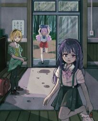 &gt;_&lt; 3girls backpack bag black_hairband blonde_hair blue_hair blue_vest blunt_bangs blunt_ends brown_footwear child closed_eyes doorway dress dripping furude_rika green_dress hairband hanyuu highres higurashi_no_naku_koro_ni horns houjou_satoko improvised_umbrella indoors long_hair looking_at_viewer mary_janes messy_hair multiple_girls nauka neckerchief one_eye_closed open_door open_mouth pantyhose plaid_clothes plaid_skirt purple_eyes purple_hair rain randoseru red_bag removing_sock running sailor_collar sailor_dress school_bag school_uniform shirt shoes short_hair short_sleeves skirt socks summer_uniform suspender_skirt suspenders tree v-shaped_eyebrows vest water water_drop wet wet_clothes wet_dress wet_hair wet_shirt wet_skirt white_sailor_collar white_shirt wooden_floor wringing_clothes wringing_dress yellow_neckerchief