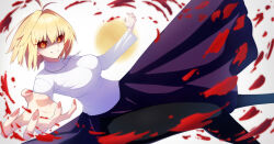 1girl absurdres ahoge arcueid_brunestud colored_sclera crazy_eyes crazy_smile evil_grin evil_smile fingernails grin highres jewelry looking_at_viewer makolas97 melty_blood melty_blood:_type_lumina necklace pantyhose purple_skirt red_arcueid red_sclera sharp_fingernails short_hair side_slit skirt smile sweater tsukihime tsukihime_(remake) turtleneck turtleneck_sweater yellow_eyes