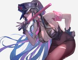 1girl bare_shoulders black_gloves black_hair black_hat black_panties blush bodystocking breasts cleavage covered_navel facial_mark fate/grand_order fate_(series) fingerless_gloves forehead_mark gloves halterneck hat highres lack large_breasts long_hair looking_at_viewer multicolored_hair nail_polish necktie panties parted_bangs pink_hair pink_necktie police_hat ponytail sessyoin_kiara sessyoin_kiara_(swimsuit_mooncancer)_(second_ascension) solo streaked_hair thighs underwear very_long_hair yellow_eyes