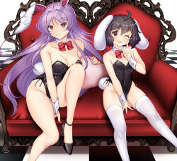 2girls :3 animal_ears bare_legs black_footwear black_leotard bow bowtie breasts chair checkered_floor cleavage commentary_request couch detached_collar feet_out_of_frame hataraki_kuma heart heart-shaped_pillow inaba_tewi large_breasts leotard light_purple_hair long_hair looking_at_viewer medium_breasts multiple_girls pillow playboy_bunny rabbit_ears rabbit_tail red_bow red_bowtie red_eyes reisen_udongein_inaba smile strapless strapless_leotard tail thighhighs touhou very_long_hair white_thighhighs wrist_cuffs