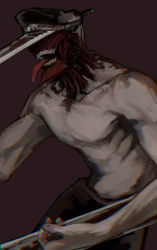 1boy black_pants brown_background chainsaw_man facing_to_the_side hat highres hybrid katana_man_(chainsaw_man) male_focus military_hat nakano_(2_mannaka) no_eyes pants simple_background solo tongue tongue_out topless_male weapon