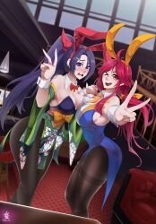 2girls animal_ears artist_name ascot asymmetrical_docking bare_shoulders black_pantyhose blue_leotard blush bow bowtie breast_press breasts cleavage detached_collar detached_sleeves embarrassed fake_animal_ears full-face_blush high_ponytail highres interlocked_fingers japanese_clothes kazuhitodesu kotohime_(touhou) leotard looking_at_viewer meira_(touhou) multiple_girls obi one_eye_closed open_mouth pantyhose playboy_bunny ponytail purple_eyes purple_hair purple_leotard rabbit_ears red_eyes red_hair sash teeth touhou touhou_(pc-98) upper_teeth_only v wide_sleeves