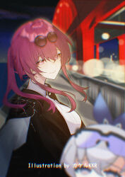 2girls artist_name black_jacket blurry blurry_foreground breasts closed_mouth eyewear_on_head glasses grey_hair highres honkai:_star_rail honkai_(series) jacket kafka_(honkai:_star_rail) large_breasts looking_at_viewer missing_commentary multiple_girls pince-nez purple_eyes round_eyewear silver_wolf_(honkai:_star_rail) smile solo_focus srpzk sunglasses