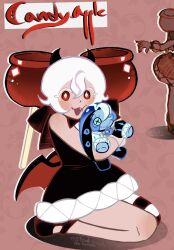 1girl black_bow black_bowtie black_dress bow bowtie candy_apple candy_apple_cookie candy_apple_hair_ornament character_doll cookie_run cookie_run:_kingdom doll dress eye_print food highres humanization ifeelpissed looking_at_viewer puffy_sleeves red_eyes shadow_milk_cookie short_hair simple_background white_hair
