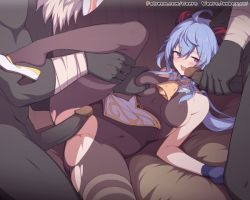 1girl 2boys ahoge animated animated_gif bell blue_gloves blue_hair blush breasts breasts_apart brown_leotard brown_pantyhose covered_erect_nipples frottage ganyu_(genshin_impact) genshin_impact gloves grabbing_another&#039;s_breast groping hair_between_eyes hetero hilichurl_(genshin_impact) leg_up leotard long_hair looking_at_penis lying male_masturbation masturbation medium_breasts multiple_boys neck_bell on_back open_mouth pantyhose penis purple_eyes shoe_dangle shoes thigh_grab torn_clothes torn_pantyhose uncensored waero white_footwear