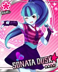 1girl ;d blue_hair blue_skin blush card_(medium) character_name colored_skin crossover female_focus fingerless_gloves fingernails flower_symbol gloves holding idolmaster jewelry long_fingernails looking_at_viewer my_little_pony my_little_pony:_equestria_girls my_little_pony:_friendship_is_magic necktie one_eye_closed open_mouth parody pink_background raised_eyebrows skirt smile solo sonata_dusk wink
