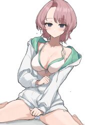 1girl absurdres arimura_mao asymmetrical_bangs bare_legs barefoot bikini bikini_under_clothes blush breasts cleavage collarbone commentary front-tie_bikini_top front-tie_top gakuen_idolmaster hattori_(omegamega1001) highres hood hooded_jacket idolmaster jacket kimi_to_semi_blue_(idolmaster) looking_at_viewer medium_breasts pink_hair short_hair side-tie_peek simple_background solo swimsuit two-sided_fabric two-sided_jacket white_background white_bikini white_jacket