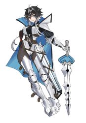 13addendum 1girl armor armored_boots belt black_hair blue_eyes boots breasts cape charlemagne_(fate) contrapposto fate/extella fate/extella_link fate/extra fate/grand_order fate_(series) full_body genderswap genderswap_(mtf) greaves high_collar highres hilt large_breasts leotard long_sidelocks long_sleeves looking_at_viewer multicolored_hair multiple_belts sidelocks simple_background solo two-tone_hair white_background white_hair