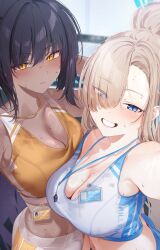 2girls alternate_costume asuna_(blue_archive) black_hair blue_archive blue_halo blush breasts brown_hair cleavage commentary_request dark-skinned_female dark_skin eyes_visible_through_hair hair_over_one_eye halo id_card karin_(blue_archive) large_breasts long_hair looking_at_viewer midriff multiple_girls navel selfie sweat vegetablenabe whistle whistle_around_neck yellow_eyes