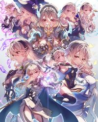 1girl armor armored_leotard bare_shoulders bikini black_hairband black_panties blue_cape blush breasts cape cleavage closed_mouth corrin_(female)_(adrift)_(fire_emblem) corrin_(female)_(fire_emblem) corrin_(female)_(halloween)_(fire_emblem) corrin_(female)_(ninja)_(fire_emblem) corrin_(female)_(nohr_noble)_(fire_emblem) corrin_(female)_(novice_vacationer)_(fire_emblem) corrin_(female)_(resplendent)_(fire_emblem) corrin_(female)_(silent_bloodline)_(fire_emblem) corrin_(fire_emblem) covered_navel dress elbow_gloves fingerless_gloves fire_emblem fire_emblem_fates fire_emblem_heroes flower gloves gluteal_fold hair_between_eyes hair_flower hair_ornament hairband halloween_costume happy hat highres holding holding_sword holding_weapon japanese_clothes karashino leotard long_hair looking_at_viewer medium_breasts multiple_expressions multiple_views ninja nintendo official_alternate_costume open_mouth panties pointy_ears red_eyes see-through_clothes serious short_dress sleeveless sleeveless_dress smile swimsuit sword thighhighs thighs thorns underwear weapon white_hair witch witch_hat yato_(fire_emblem)