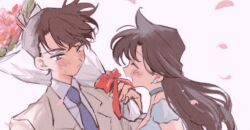 1boy 1girl aqua_choker ba_ko blue_dress blue_necktie blush bouquet brown_hair choker closed_eyes collared_shirt cowlick dress earrings falling_petals flower grey_jacket hair_between_eyes holding holding_bouquet jacket jewelry kudou_shin&#039;ichi long_hair looking_at_another meitantei_conan mouri_ran necktie petals pink_petals shirt short_hair spiked_hair sweatdrop upper_body white_shirt