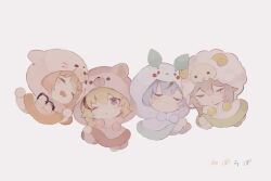 4girls animal_hood black_hair blonde_hair blush chibi closed_eyes fox_hood grey_background grey_hair highres hololive hood hood_up kumono_nnn momosuzu_nene momosuzu_nene_(casual) multiple_girls nepolabo omaru_polka otogino_aria_(vtuber) seal_hood sheep_hood shishiro_botan shishiro_botan_(button-down) simple_background sleeping virtual_youtuber yukihana_lamy yukihana_lamy_(casual)