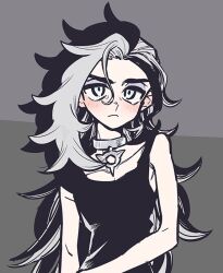 Rule 34 | 1boy, black hair, black shirt, chacha (ss 5087), closed mouth, collar, collarbone, commentary request, creatures (company), curly hair, eyeshadow, game freak, grey eyes, hair between eyes, light blush, long hair, makeup, male focus, multicolored hair, nintendo, piers (pokemon), pokemon, pokemon swsh, shirt, sleeveless, sleeveless shirt, solo, two-tone hair, upper body