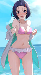 1girl artist_name bikini black_hair blue_sky breasts brown_eyes cleavage cloud coat commentary_request day feet_out_of_frame frilled_bikini frills highres hood hooded_coat horizon medium_breasts mori_heichi ocean outdoors pink_bikini sairenji_haruna short_hair sky smile solo swimsuit to_love-ru white_coat