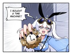 1girl :d animal_ear_hairband animal_ears black_choker black_hairband black_nails black_streaks blue_eyes blue_shirt border bow breasts bright_pupils choker clock commentary double-parted_bangs emphasis_lines english_commentary english_text fake_animal_ears fang goggles goggles_on_head hairband hand_up highres long_hair long_sleeves looking_at_viewer merryweather multicolored_hair open_mouth original rabbit_ear_hairband rabbit_ears ryuuxin sally_sinclair shirt smile solo sparkle sparkling_eyes speech_bubble streaked_hair talking time_machine two_side_up white_border white_bow white_hair white_pupils