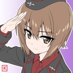 Rule 34 | amakusa tobari, brown eyes, brown hair, from above, garrison cap, girls und panzer, hat, highres, kuromorimine military uniform, looking at viewer, military, military hat, military uniform, nishizumi maho, red shirt, salute, shirt, tulip hat