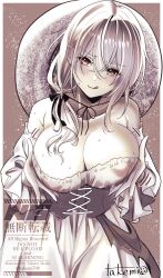 1girl azur_lane bare_shoulders blush breasts cleavage collarbone commentary_request corset cowboy_hat cowboy_shot cowgirl_(western) crossed_bangs dress grabbing_own_breast hair_between_eyes hat highres large_breasts long_hair long_sleeves looking_at_viewer monochrome next_time_you&#039;re_getting_this_(meme) official_alternate_costume paizuri_invitation pittsburgh_(azur_lane) pittsburgh_(the_bartender&#039;s_gambit)_(azur_lane) sidelocks signature solo standing sweat takemi_mochi textless_version tongue tongue_out watermark