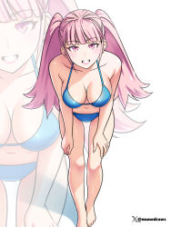 1girl alternate_costume artist_name bare_shoulders bikini blue_bikini breasts cleavage collarbone etchimune female_focus fire_emblem fire_emblem:_three_houses hilda_valentine_goneril large_breasts leaning_forward looking_at_viewer matching_hair/eyes multiple_views navel nintendo pink_eyes pink_hair swimsuit twintails twitter_username twitter_x_logo