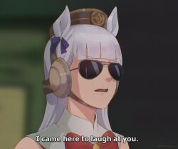 1girl animal_ears blue_bow bow brown_hat commentary ear_bow english_commentary english_text gold_ship_(umamusume) hat highres horse_ears horse_girl i_came_here_to_laugh_at_you_(meme) long_hair meme mitamory open_mouth pillbox_hat solo subtitled sunglasses umamusume